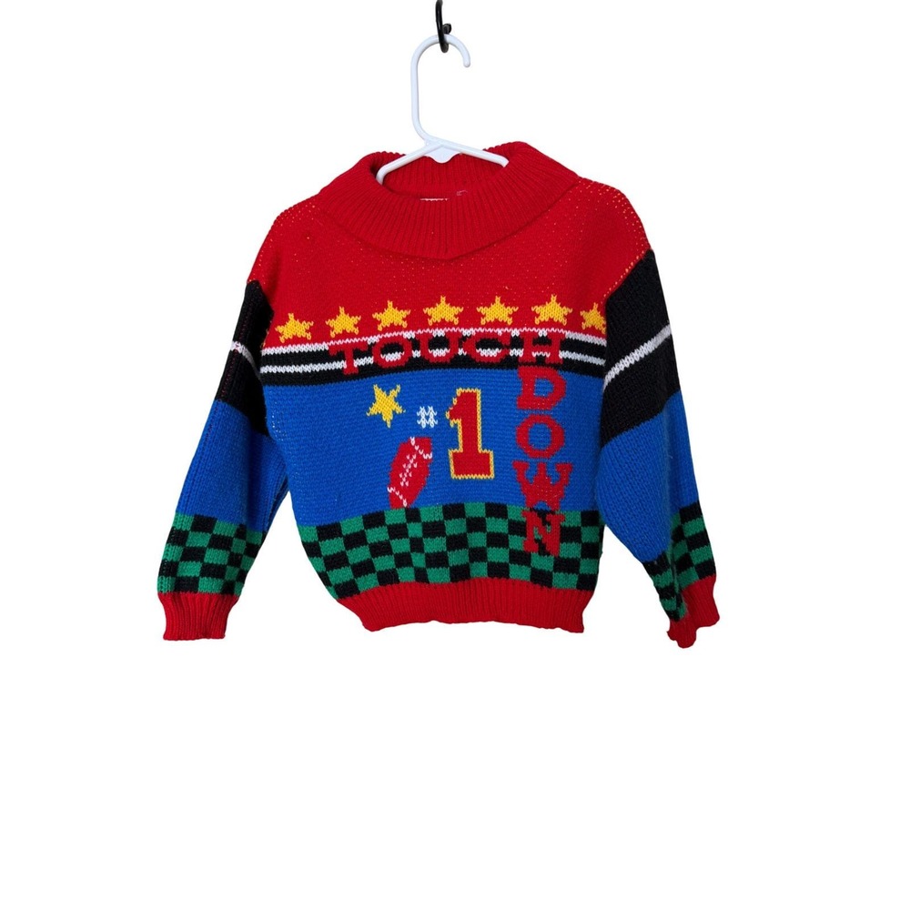 Vintage‎ Touchdown #1 Football Toddler Sweater Red Blue Checkered 3T
